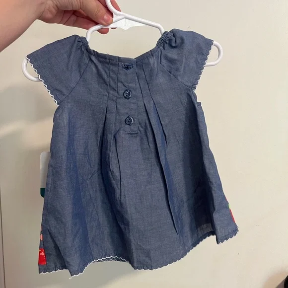 Disney Baby Blue Red Chambray Bow Floral Minnie Mouse Scalloped Dress 6-9 Months - Picture 5 of 6